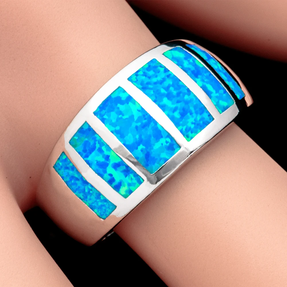 KONGMOON Ocean Blue Fire Opal Jewelry Women Wide Band Ring Size 7 8 9