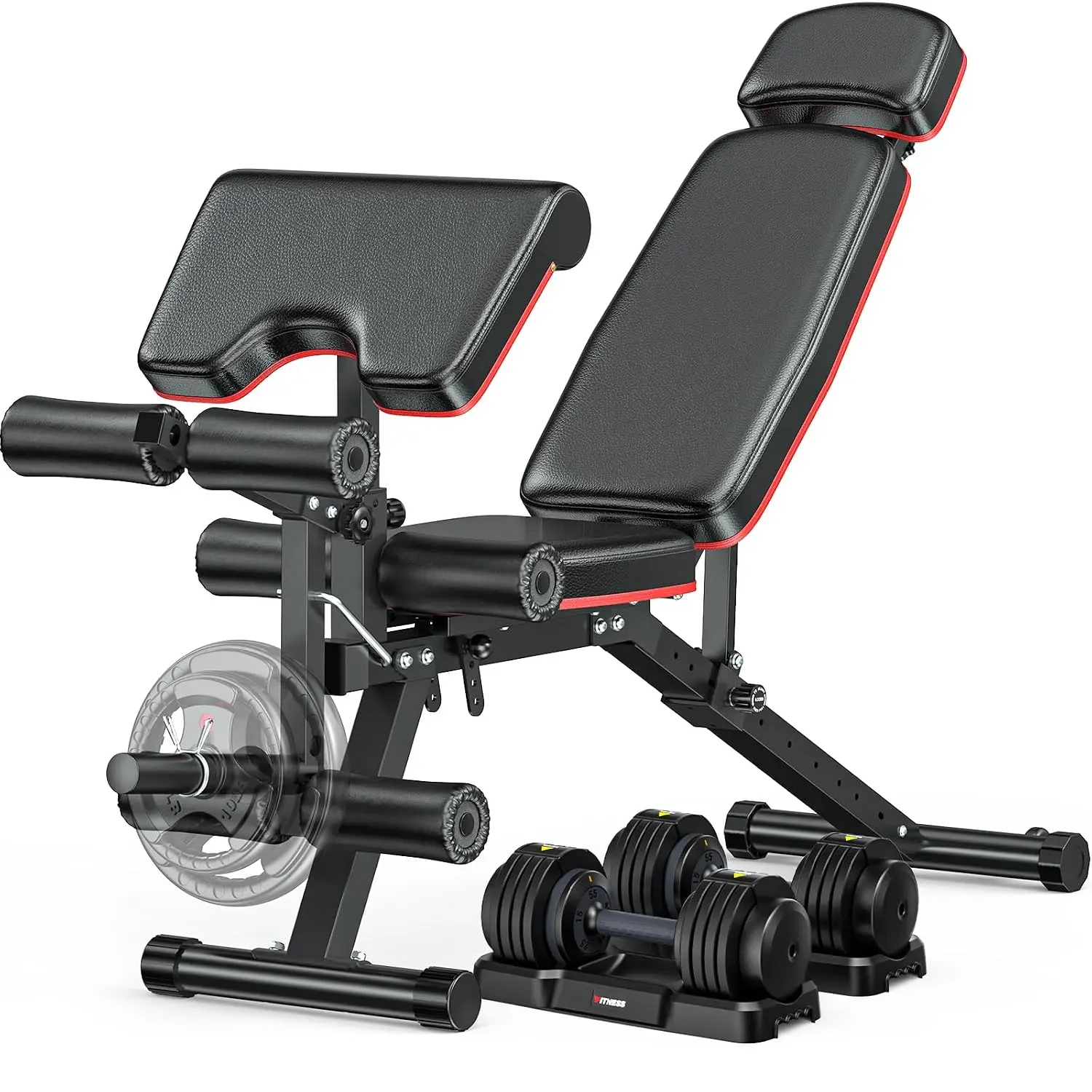 Workout Bench, Adjustable Weight Bench with Leg Extension and Leg Curl, Extended Headrest, 900LBS Preacher Curl, Customized