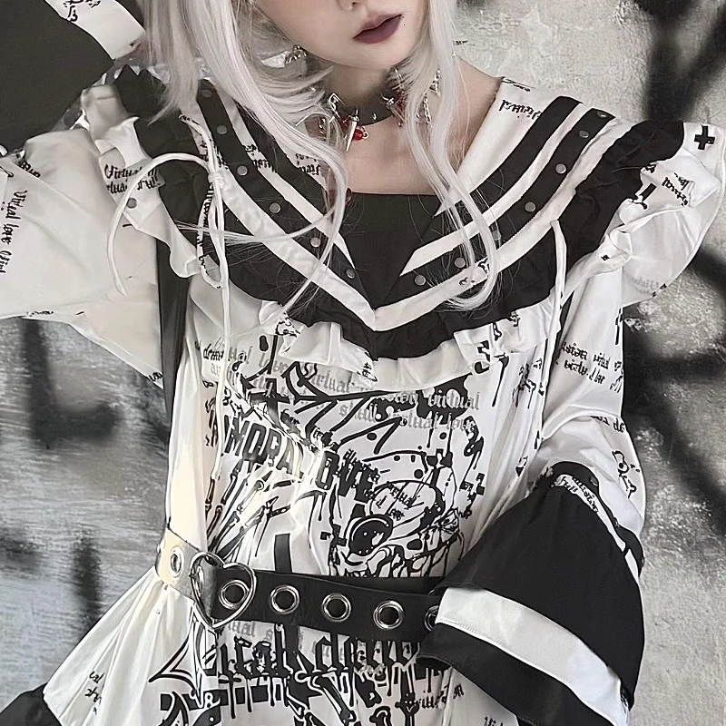 Japanese Jk Sailor Suit Dress Dark Girl Subculture Cartoon Print Ruffle Edge Navy Collar Long Sleeve Dress Goth Y2K Punk Dresses
