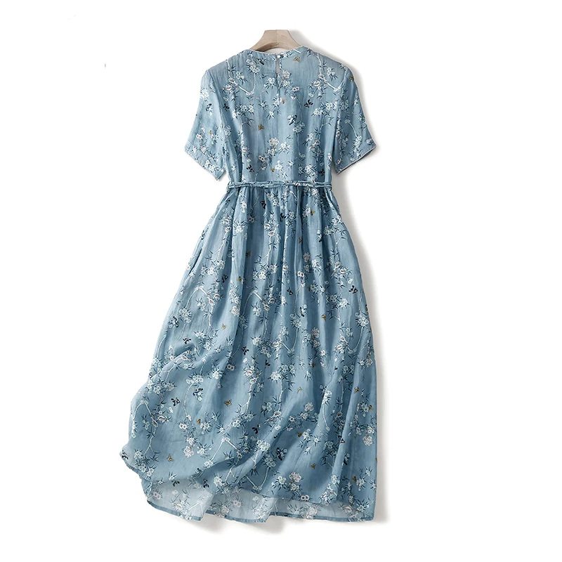 Ele Floral Print Linen Dr A-Line Skirt Waist-Cinching Vintage Sle Women's Summer Faion Casual round Ne Long Sve