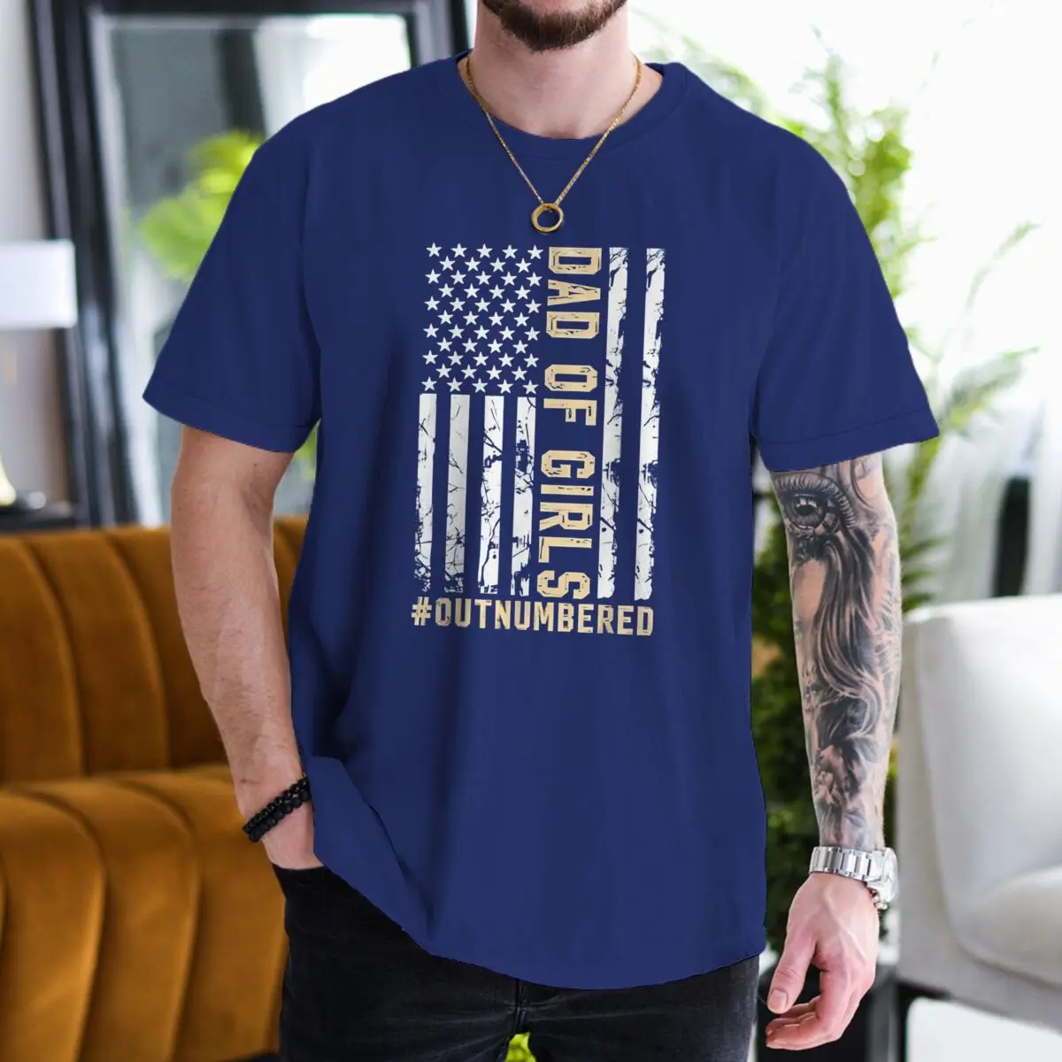 Dad of Girls Vintage American Flag 250th Tshirt Father's Day Fun Daddy T-Shirt Men Round Neck Short Sleeve Tees Male Tshirt Gift