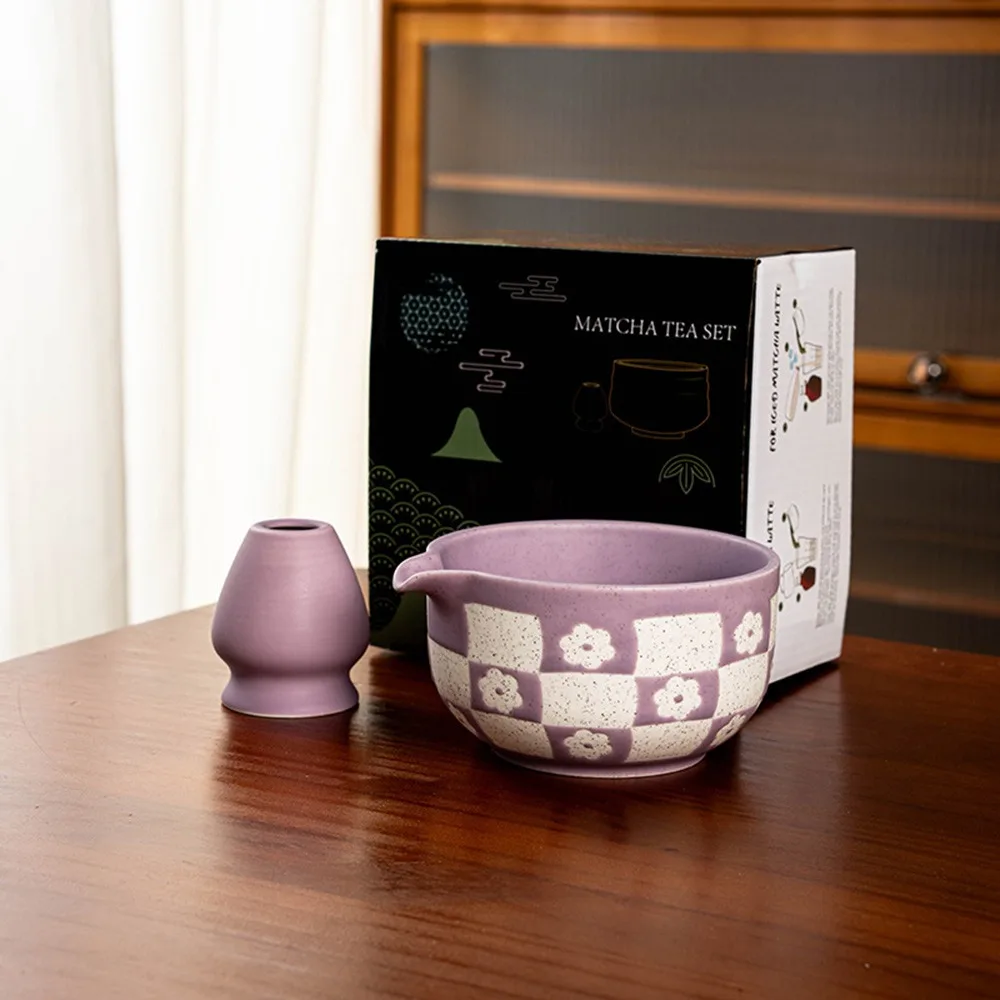 

Керамическая чаша для матча, гладкая клетчатая подставка для венчика для матча с узором сакуры, большая емкость, устойчивая к высоким температурам