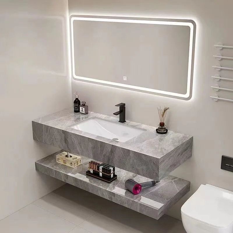 

Bright rock slab double-layer under-counter basin hanging under the washbasin bathroom cabinet combination toilet simple hotel
