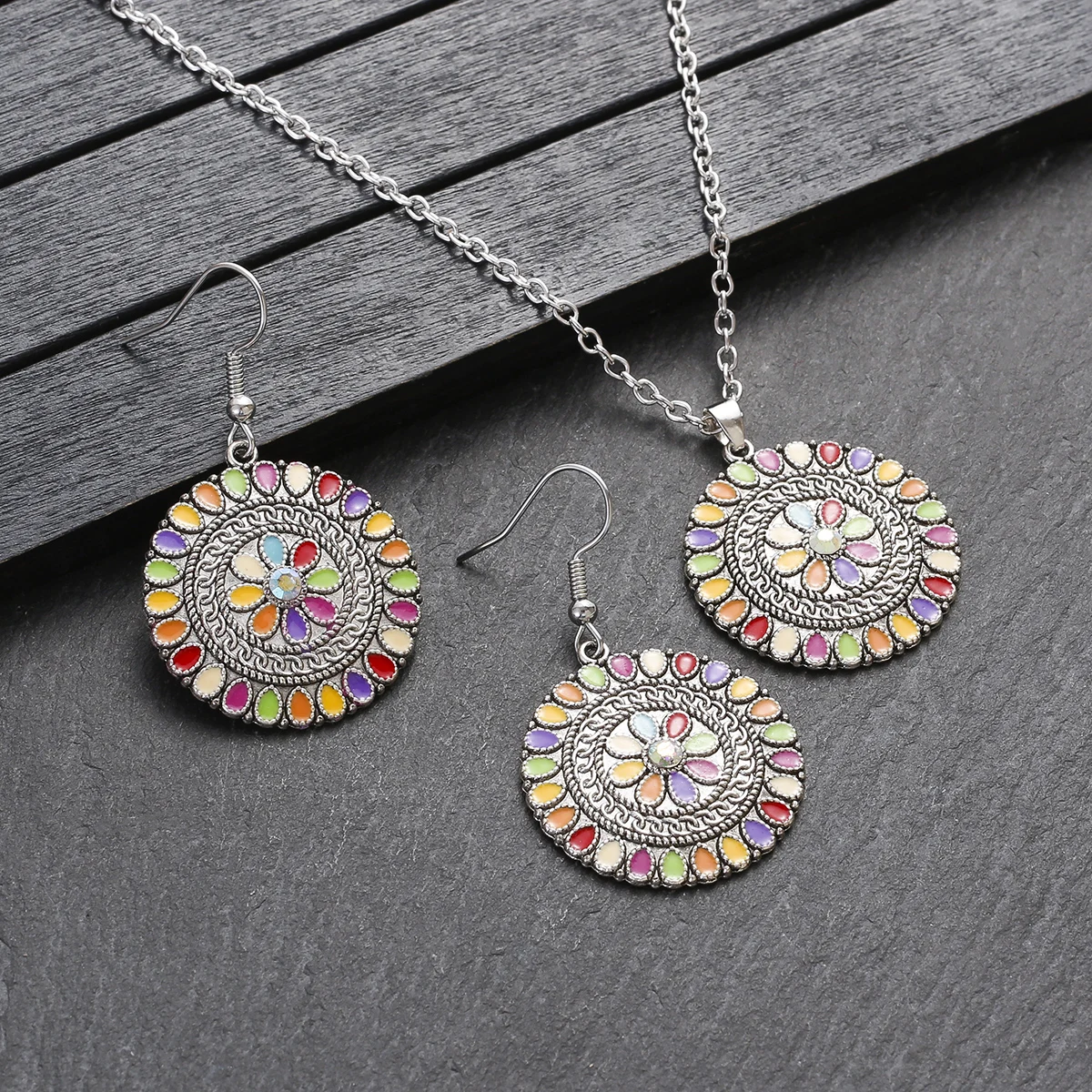 Boho Colorful Beads Jewelry Sets for Women Vintage Gold Color Alloy Flower Necklace Pendant Earring Sets Bridal Wedding Jewelry