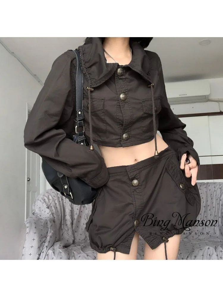 

2023 American Street Loose Fitting Fashion Casual Lapel Drawstring Top for Women's Three Piece Single Breasted Pocket Work Coat