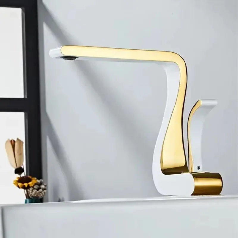 

Brass Basin Hot and Cold Faucet Luxury Art Creative Desk Mounted Bathroom Basin Faucet