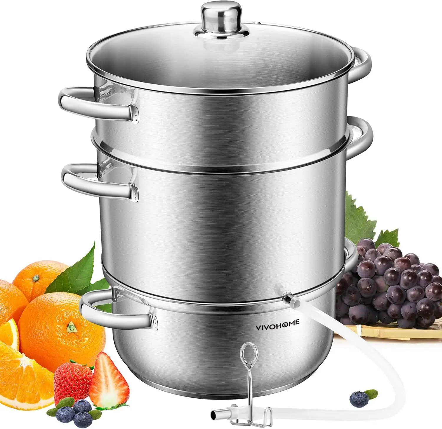 

Stainless Steel Steam Juicer for Fruits and Vegetables, 27.5 cm with Glass Lid, 9.3 Qt Capacity, Includes Hose and Handles