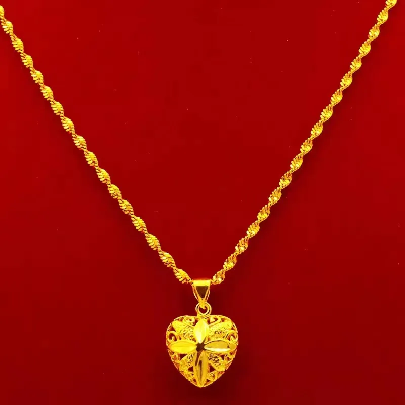 Women's 24K Gold (AU999) Hollow Drop-Heart Necklace | Openwork carving, micro-diamond glow with magnetic closure