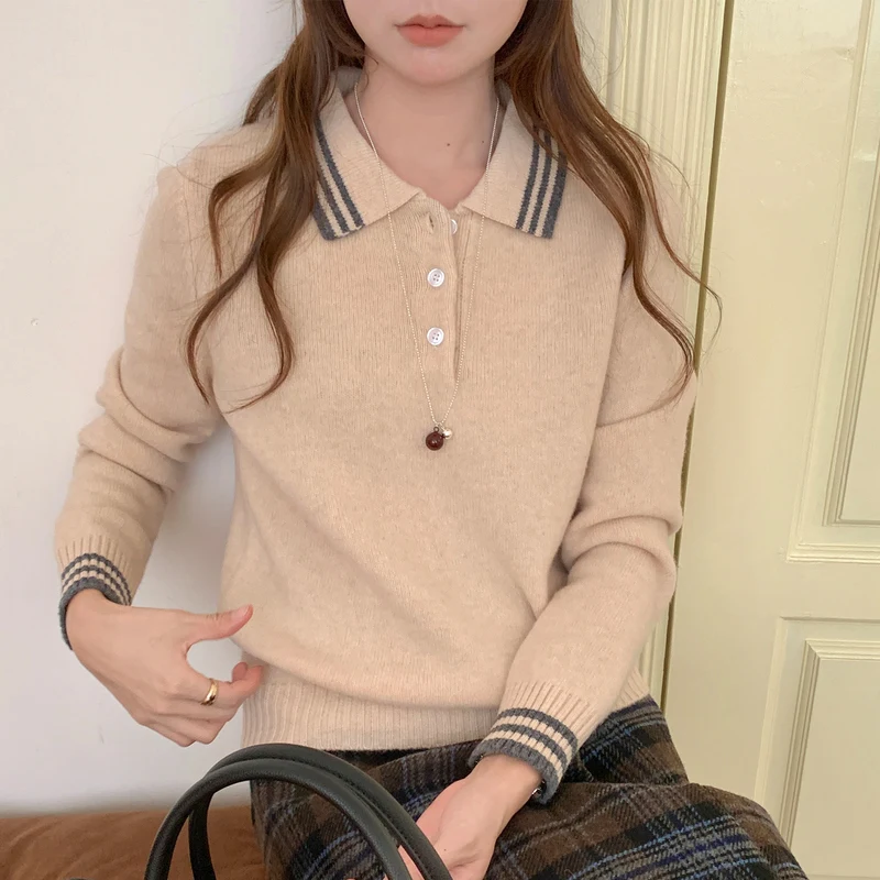 Autumn Winter New Arrival Women's Merino Wool Pullover Sweater Polo Collar Contrast Striped Trim Solid Long Sleeve Knit Top