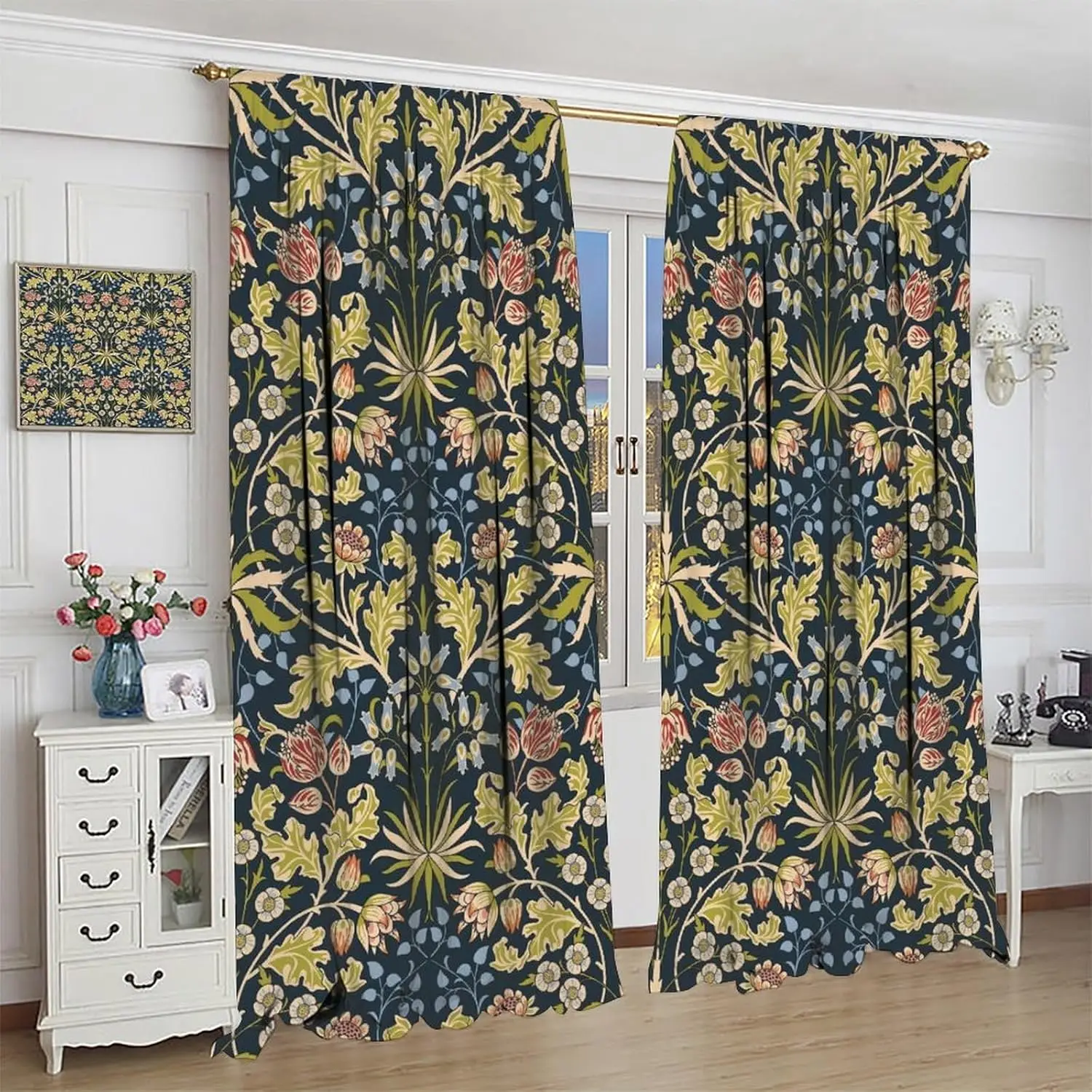 William Morris Floral Blackout Curtains, Vintage Rustic Flowers Botanical Natural Style Window Drapes, for Bedroom Living Room