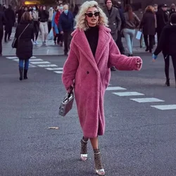 Women's Winter Loose Imitation Fur Coat Solid Color Lapel Single Button Medium Long Windbreaker Thickness Lamb Wool Coats XS-3XL