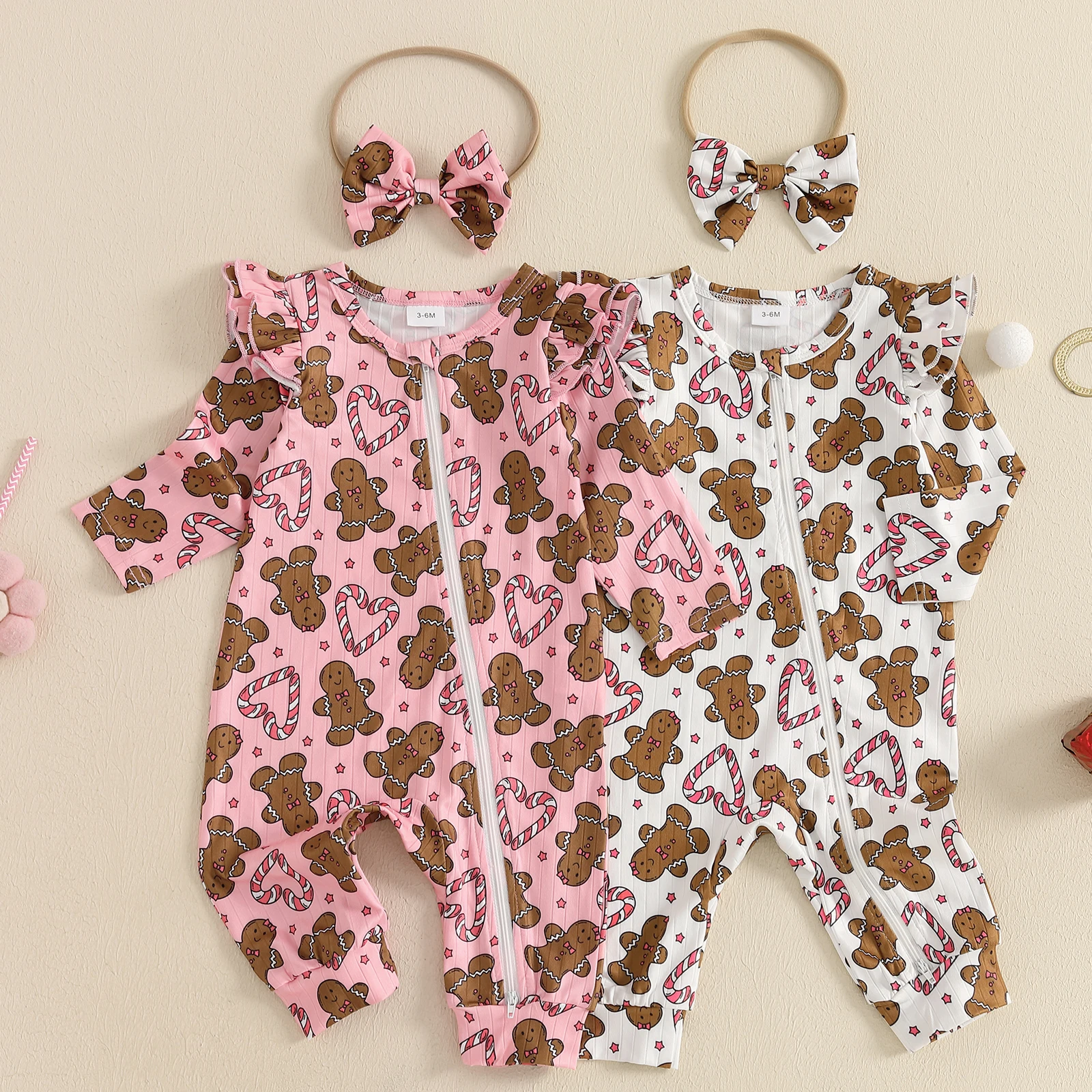 

Рождественский комбинезон SUNSIOM для маленьких девочек, длинный комбинезон с принтом пряника, длинным рукавом, круглым вырезом, молнией и бантом на голову