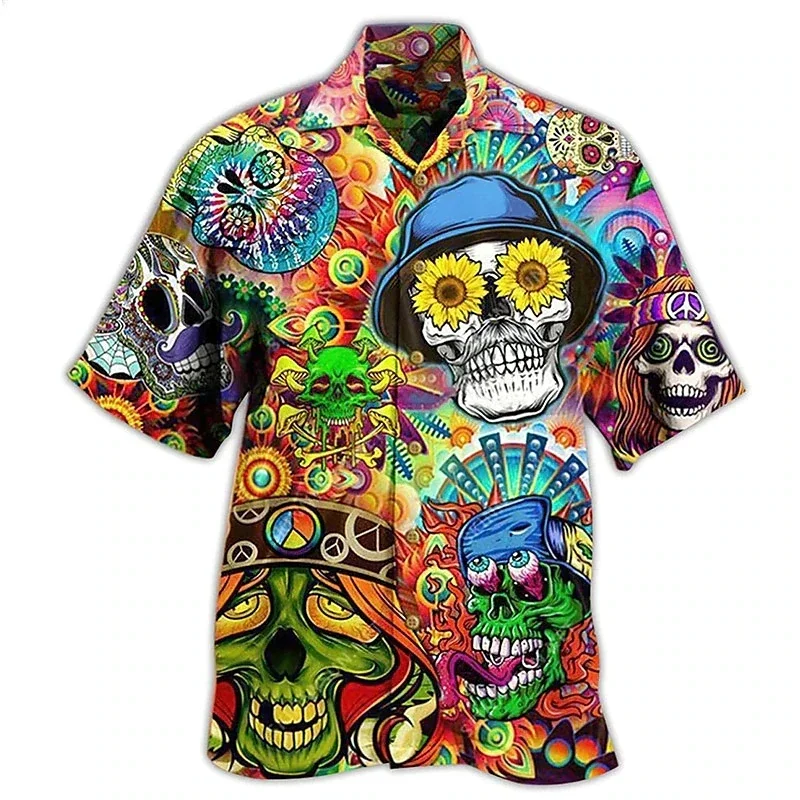 Horror Skull Hawaiian Shirt For Men'S Summer New 3d Printing Short-Sleeved Shirt Fashion Trend Style Street Hip-Hop Clothing