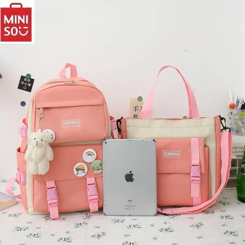 Conjunto de mochilas escolares Kawaii para adolescentes, mochila de lona de Color sólido para estudiantes, bolsa para ordenador portátil, 5 piezas