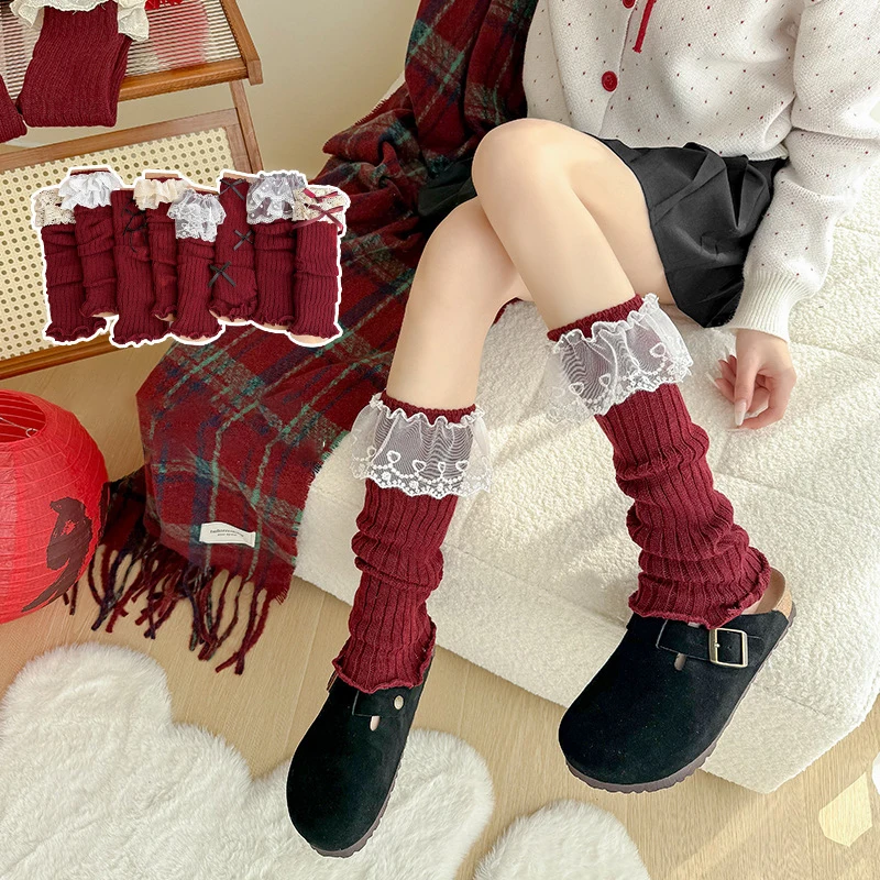 Autumn And Winter Anchor Red Leg Sets Lolita Korean Lace New Year Christmas Red Ballet Style Jk Calf Socks