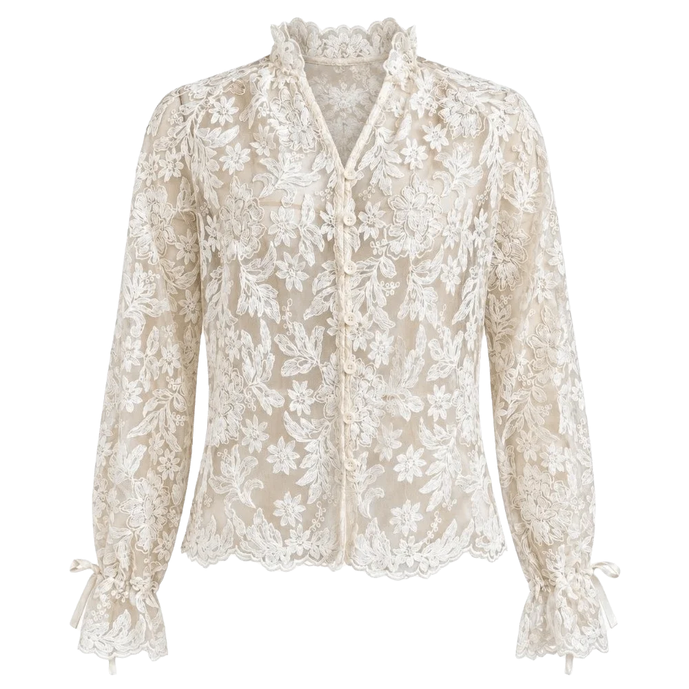 New Hollow Out Lace Printed Shirt Flared Long Sleeve Embroidered Lace Blouse V-Neck Slim Fit See Through Mesh Shirt Summer