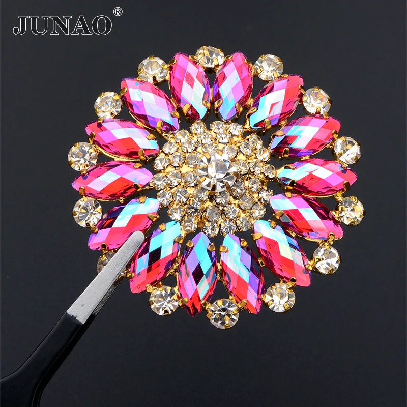 JUNAO 1Pcs 50mm Rose AB Glass Flower Rhinestone Sew On Flatback Claw Crystal Appliques For Clothes Jewelry Making DIY Carfts