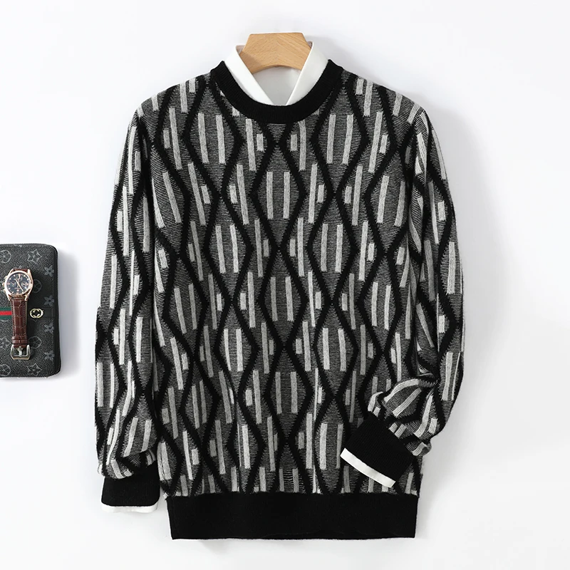 

Men Merino cashmere pullover sweater in autumn round neck long sleeved knitted pattern sweater casual soft and high-quality top