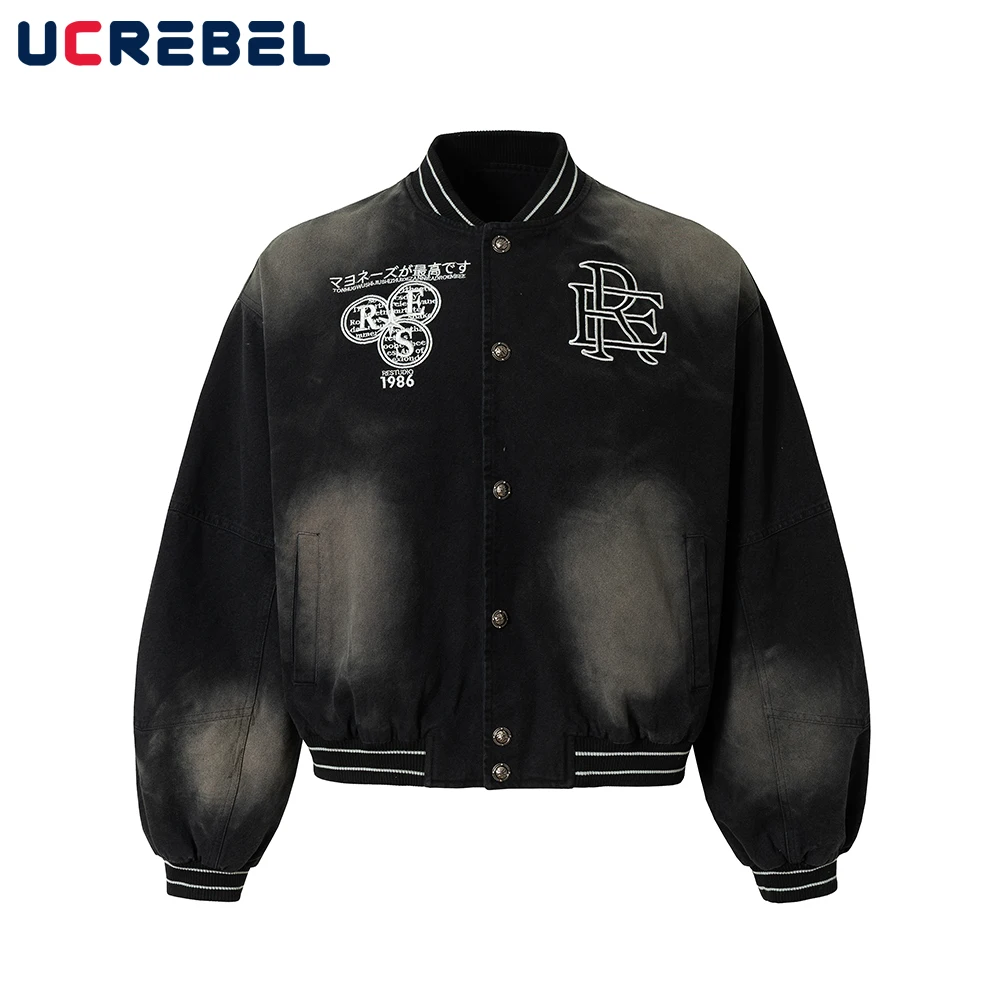 

Letter Embroidery Faded Baseball Jacket Mens High Street Autumn Winter Stand Collar Single Breasted Loose Long Sleeve Outerwear