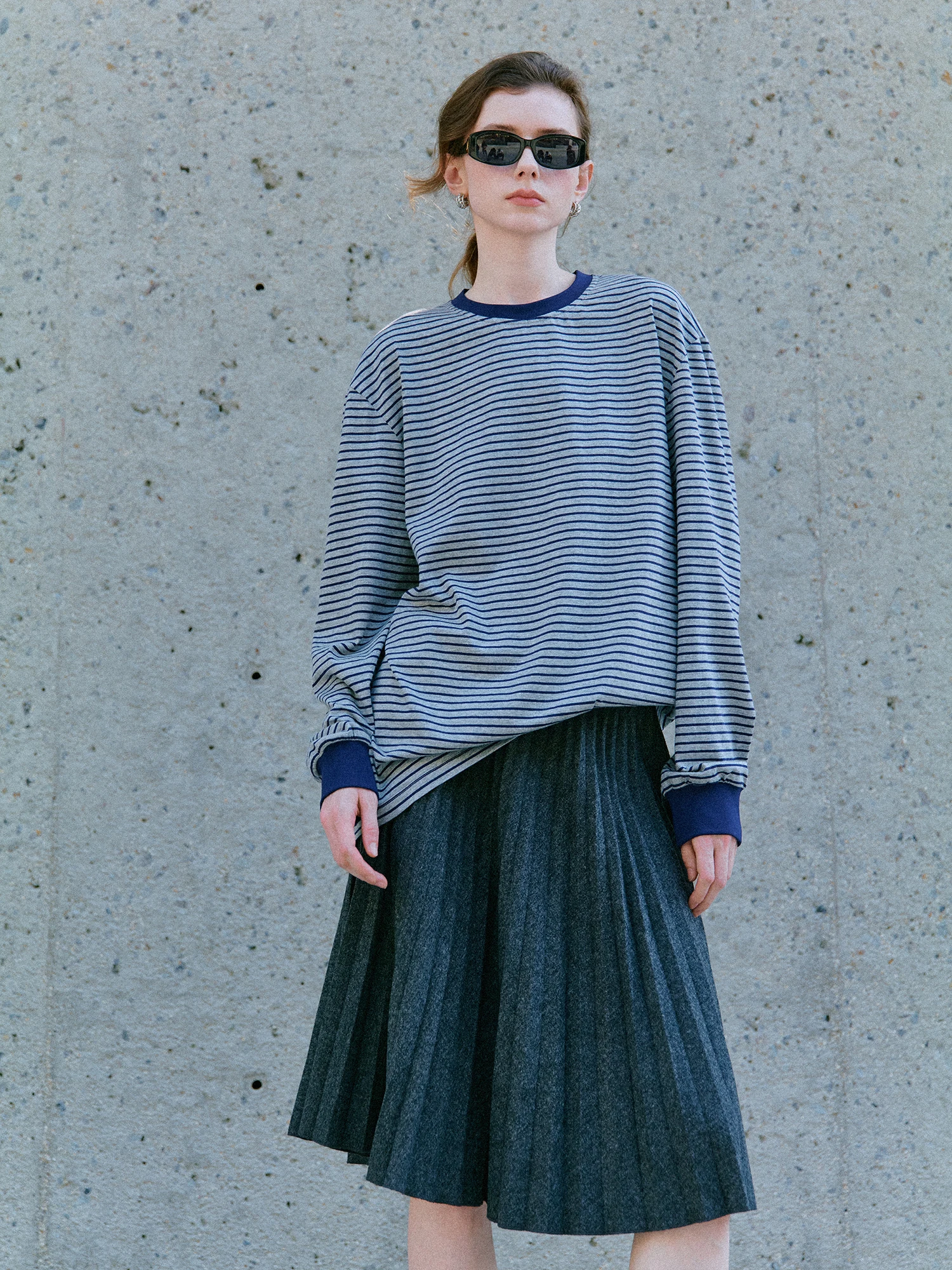 

Miu Sle Ретро полосатая трикотажная хлопковая футболка Long Sve round Ne, свободная женская футболка Faion, весенний сезон U6727