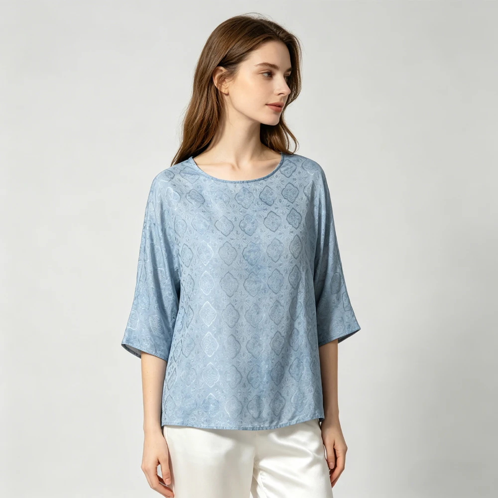 Women's Casual Summer New 100% Natural Mulberry Silk HuaLuo Ice Mist Blue Treasure Flower Loose Round Neck Half Sleeve T-shirt