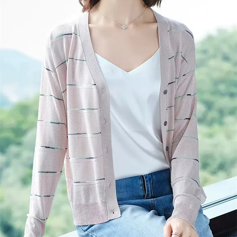 Spring Autumn Sweater Female V-Neck Stripe Knitted Long Sleeve Casual Loose Soft Fashion Women Clothing 2023  Button Cardigan