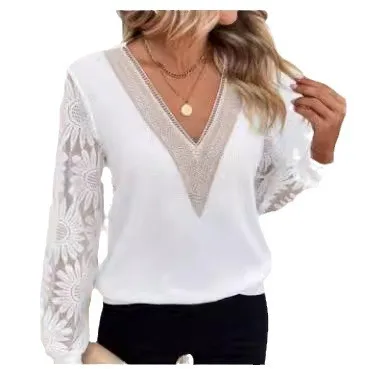 New autumn women\'s fashion temperament, casual and elegant commuting long sleeved V-neck patchwork hollow lace T-shirt