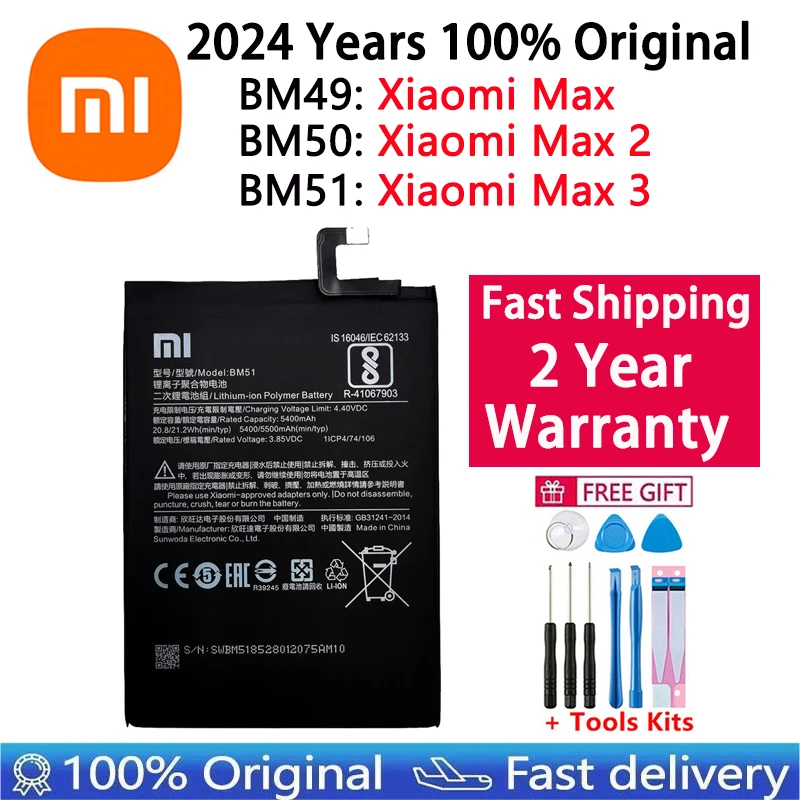 Batteria di ricambio originale al 100% per BM51 Xiaomi Mi Max 3 Max3 / BM50 Mi Max 2 Max2 / BM49 Mi Max Batteria del telefono originale + Strumenti