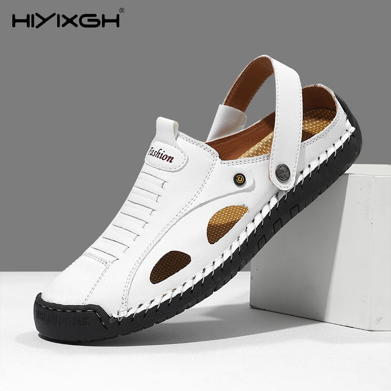 Summer Men's Leather Roman Sandals Outdoor Beach Water Shoes Rubber Flip Flops Anti-slip Lightweight Hiking Slippers