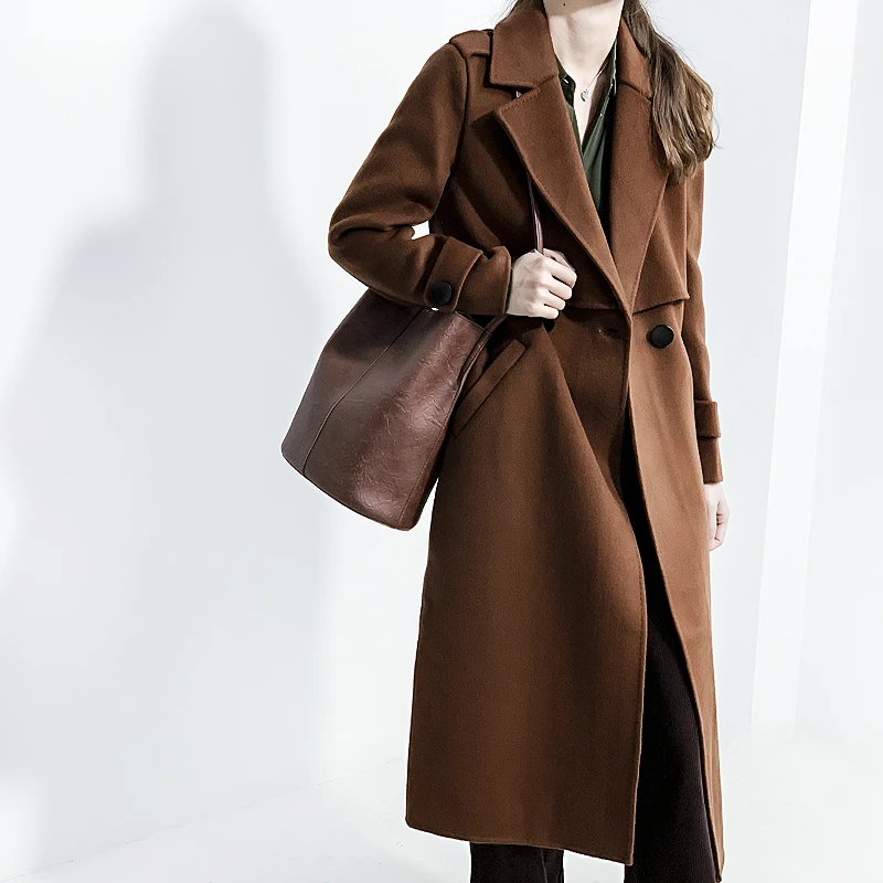 

Ele Woolen Double-Faced Tweed Jaet Long Loose Outerwear for Women Sli Commute Sle Winter Faion