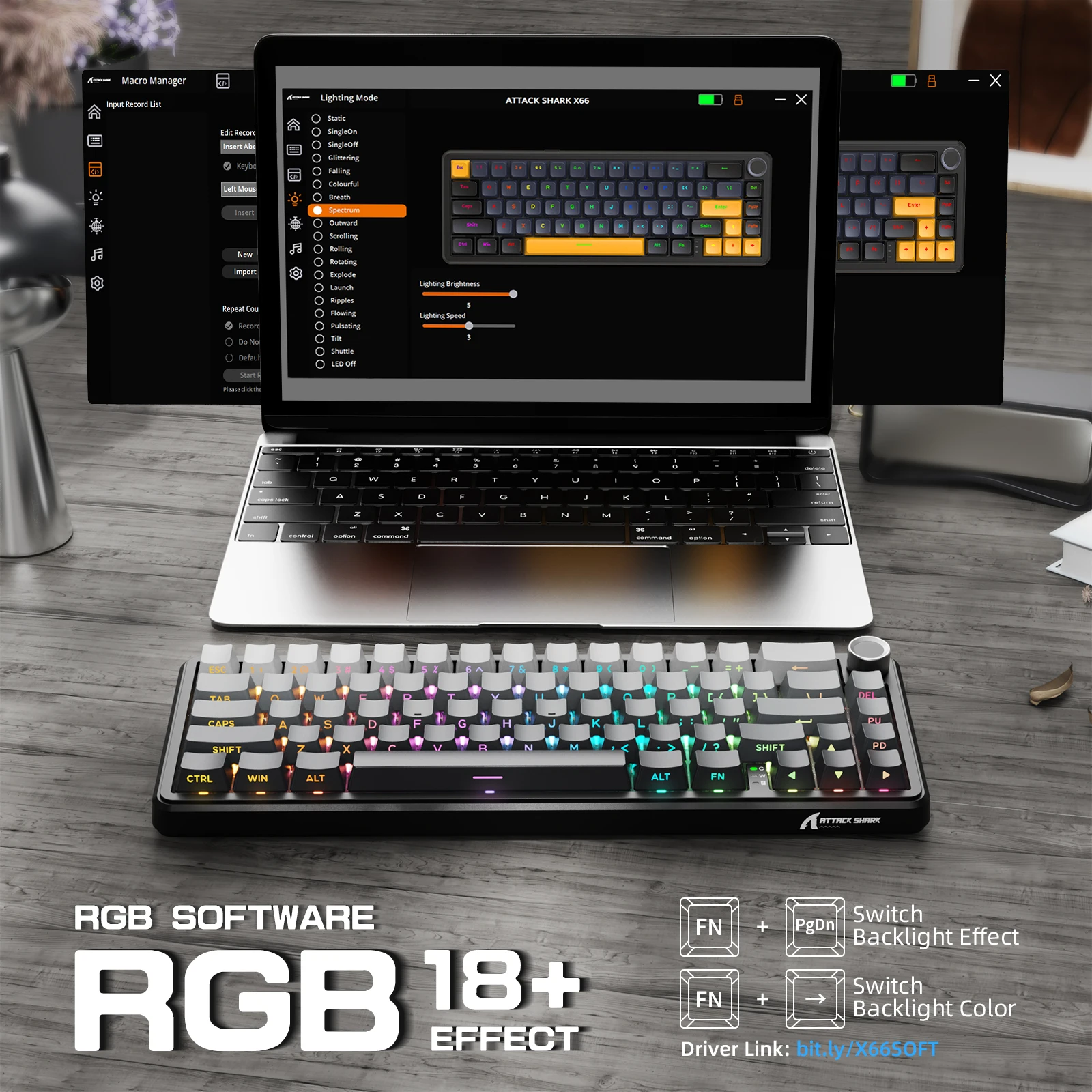 ATTACK SHARK X66 60% Teclado mecânico sem fio para jogos com botão, teclado personalizado permutável a quente com junta de 3 modos e cabo enrolado