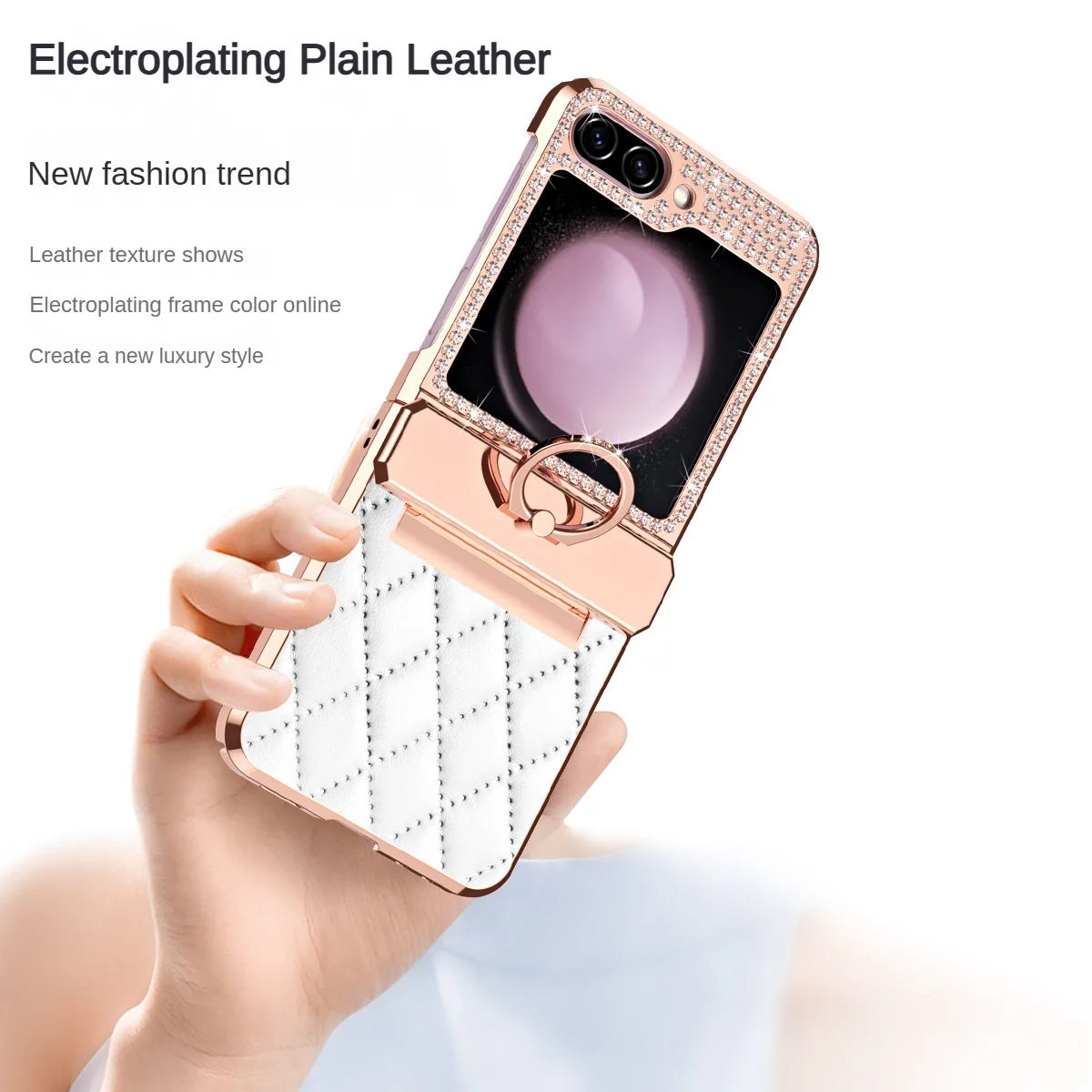 For Samsung Galaxy Z Flip 6 5 4 3 Case Glitter Diamond Plating Leather Finger Bracket Folding Hingle Protection Shockproof Cover