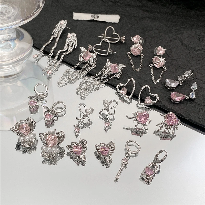 Korea Fashion Goth Aesthetic Pink Crystal Peach Heart Bow Earrings For Egirl Halloween Y2k Jewelry Accessories Christmas Gifts