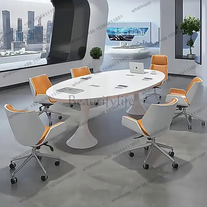 White conference table painted oval simple modern small light luxury
