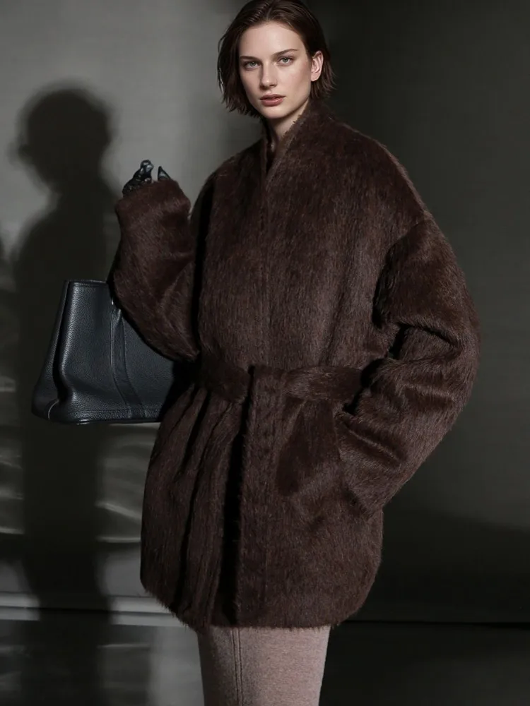 Ladies Fashion Winter V Neck Belt Alpaca Wool Coat Single Breasted Jacket Warm Windproof Female Wide Waisted Office Outerwear