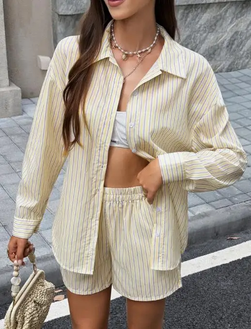 

Two Piece Set Women Outfit 2026 Spring Summer New Striped Turn-Down Collar Long Sleeve Loose Shirt & Casual Daily Shorts Set