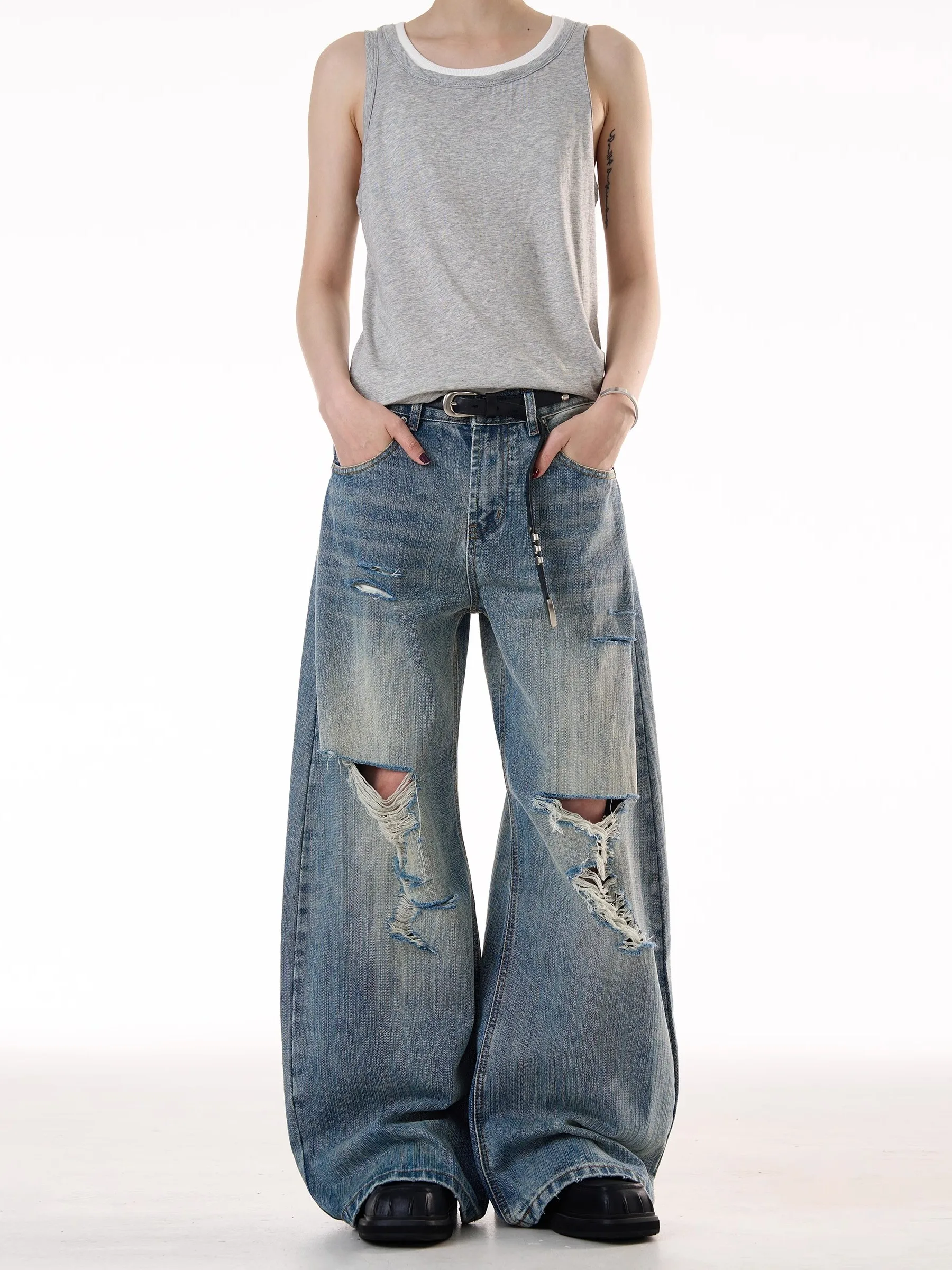 

Модные светло-голубые мужские джинсы с бамбуковым узором, свободные широкие брюки-ножи, джинсы с высокой талией и завязками на талии, повседневная одежда