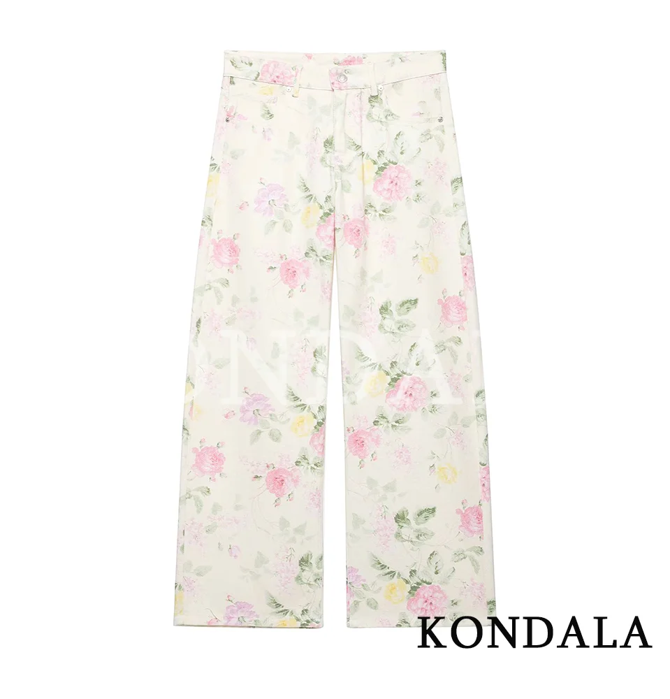 KONDALA Damen Blumen-Denim-Hose Neu 2026 Sommer Trendige High-Street Weite Hose Elegante Schicke Urlaubshose mit Niedriger Taille – Detail 2