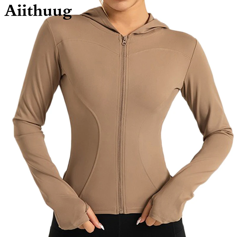 

Aiithuug Women's Thumbhole Hooded Yoga Sportswear Slim Fit Elastic Windproof Jacket Zip Up Athletic Running Sweatshirt Long Coat