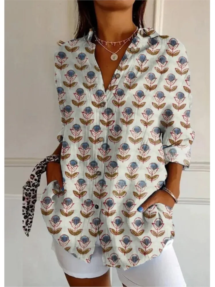 여성용 봄 프린트 셔츠, 패션 긴팔 V넥 버튼 셔츠 탑, 캐주얼 보헤미안 휴가 여성 의류, 가을 신상 2025
