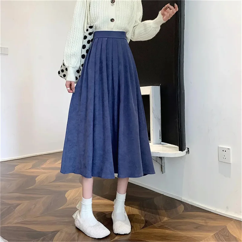 Vintage Brown High Waist Pleated Skirt Women Korean Fashion College Style Long Skirt Ladies Autumn Casual A line Skirts