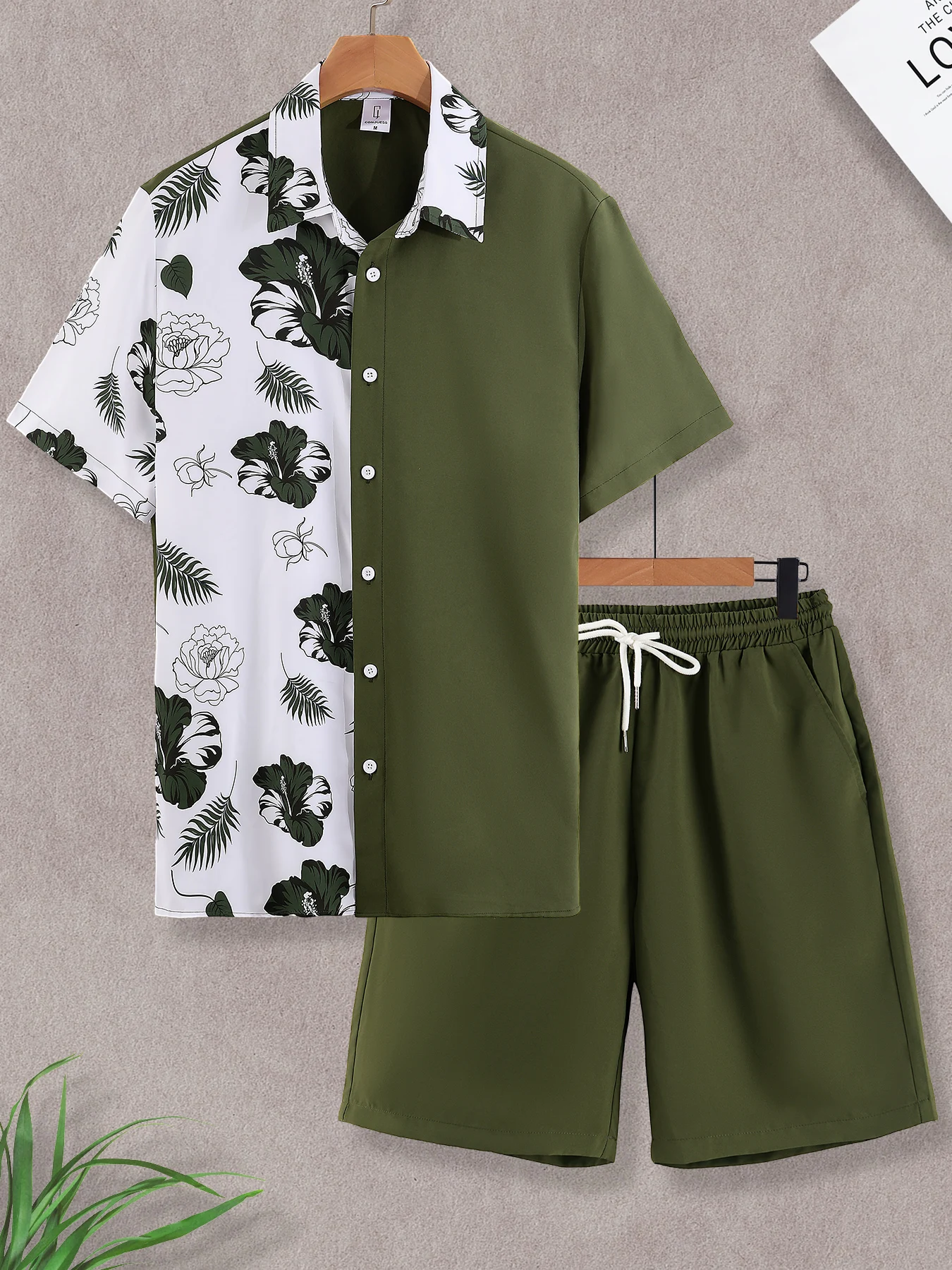 

Men's Color Block Cool Style Set, Half Floral Print Short Sleeve Shirt Army Green Shorts