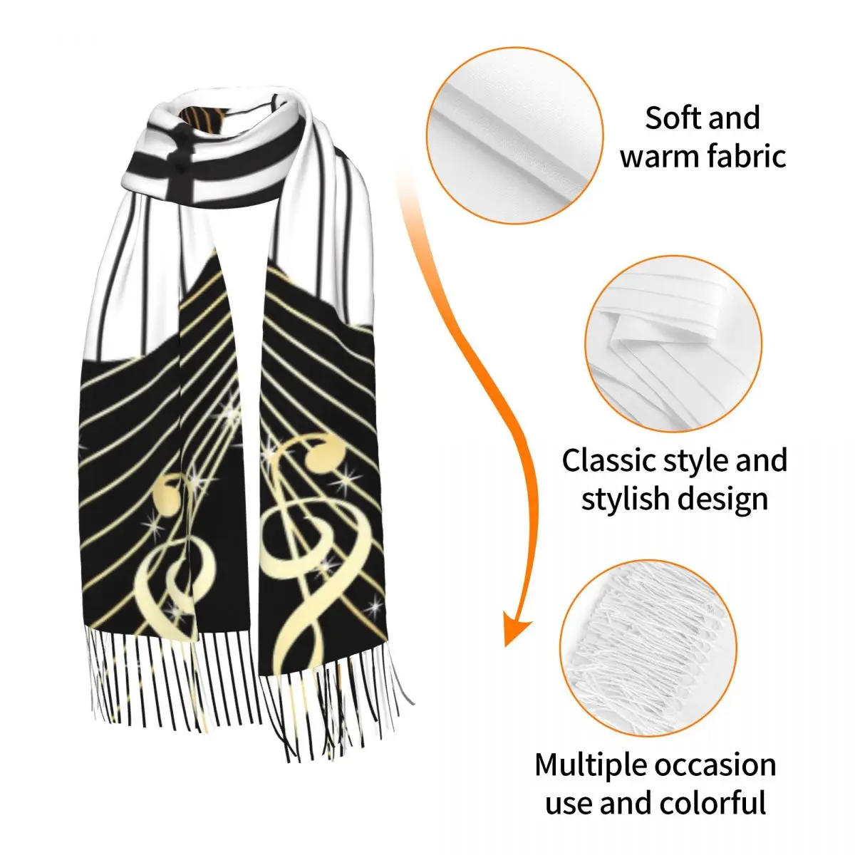 피아노 음악 노트 스카프, 겨울 긴 대형 태슬 스카프, 소프트 랩 파시미나