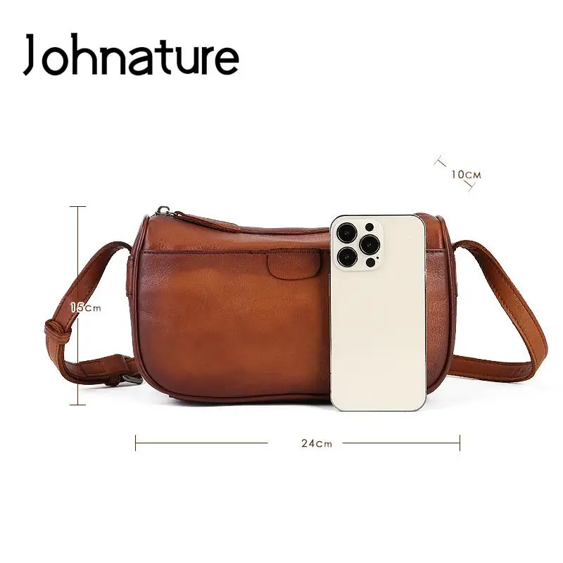 Johnature 2026 New Vintage Genuine Leather Versatile Women Bag Handmade Cowhide Casual Solid Color Shoulder & Crossbody Bags