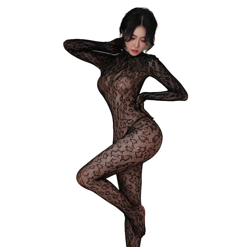 Women Sexy Bodystockings Leopard Print Backless Tights Stockings Hollowed Mesh Pantyhoses Exotic Lingerie Transparent Jumpsuit