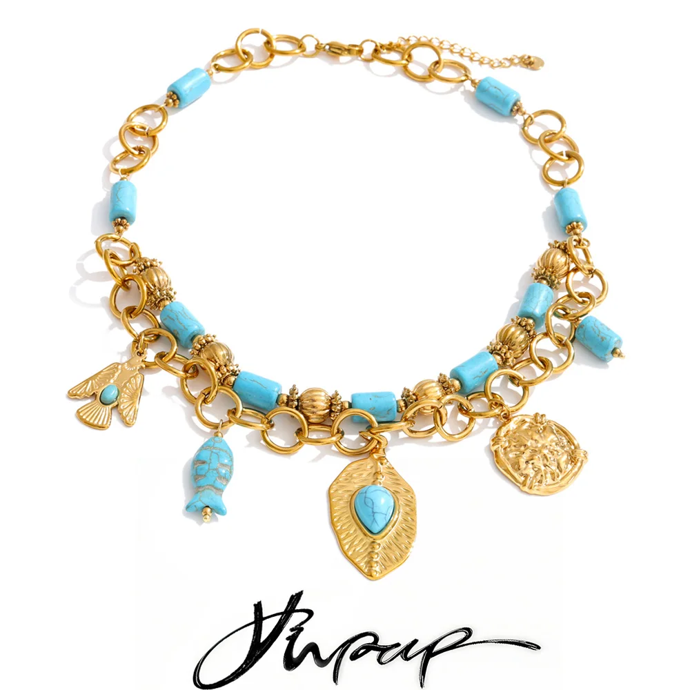Yhpup 2026 Stainless Steel Natural Turquoise Stone Fish Leaves Drop Statement Necklace High Quality Vintage Jewelry
