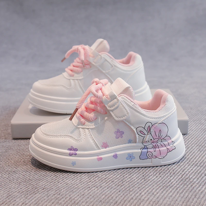 Girls White Shoes 2026 Summer Breathable Air Mesh Kids Skate Sneakers with Cartoon Prints Soft Sweet Princess Children Casual