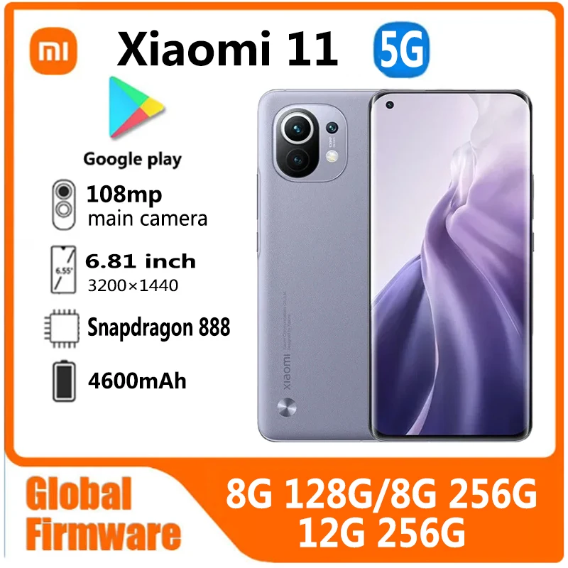 Xiaomi 11 5G smartphone 55W HyperOS 1.0 3200×1440pixel 6.81inch Snapdragon 888 4500mAh 55W 108mp used phone no charger