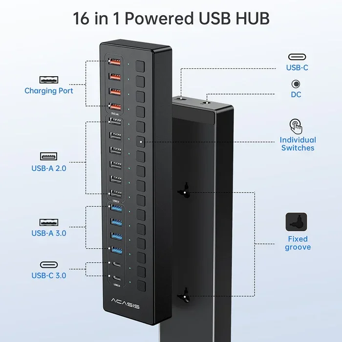 ACASIS 16 Port USB-C Hub Splitter Powered Switch with 4 Smart Charging and 2 port USB-C 3.0 and 4 Port USB-A 3.0