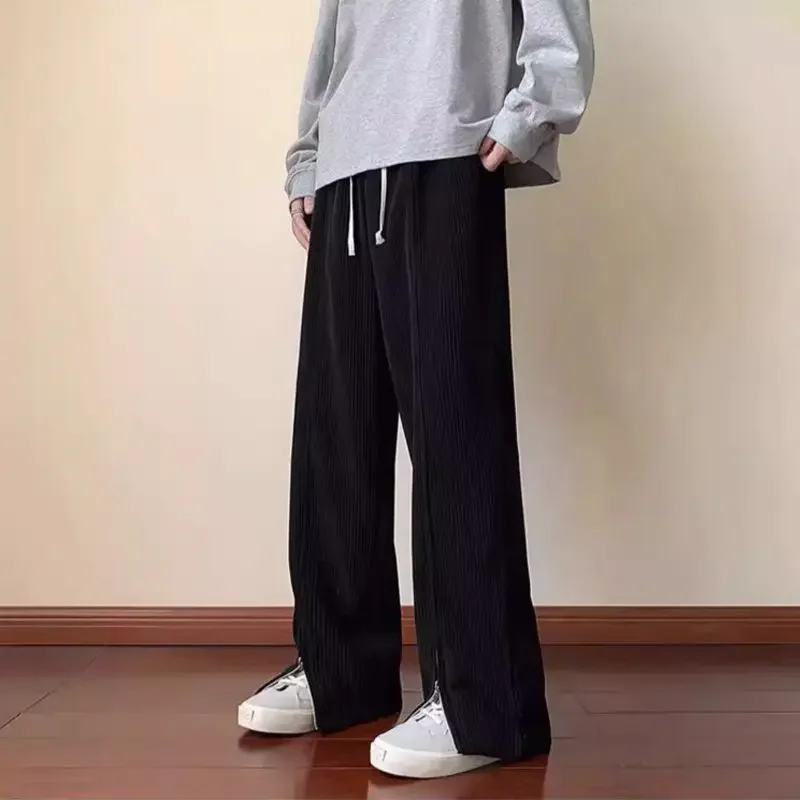 Korean Fashion Apricot Corduroy Pants Men's Spring and Fall Streetwear Zipper Wide-leg Straight Pants Casual Micro Flare Pants